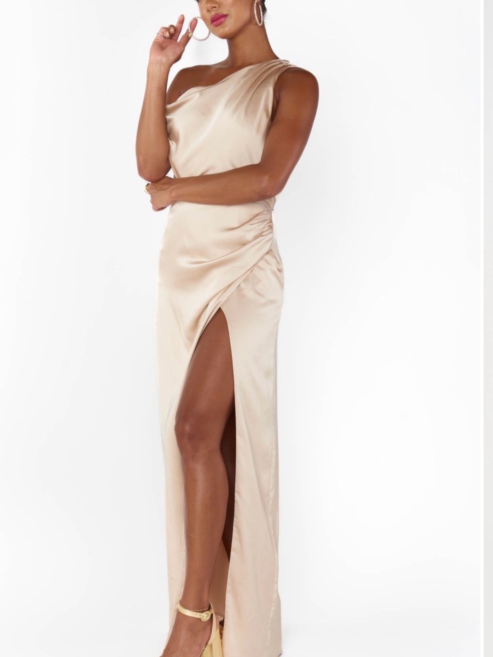 Show Me Your MuMu One-Shoulder Josie Satin Gown in Champagne Gold - Picture 4 of 13